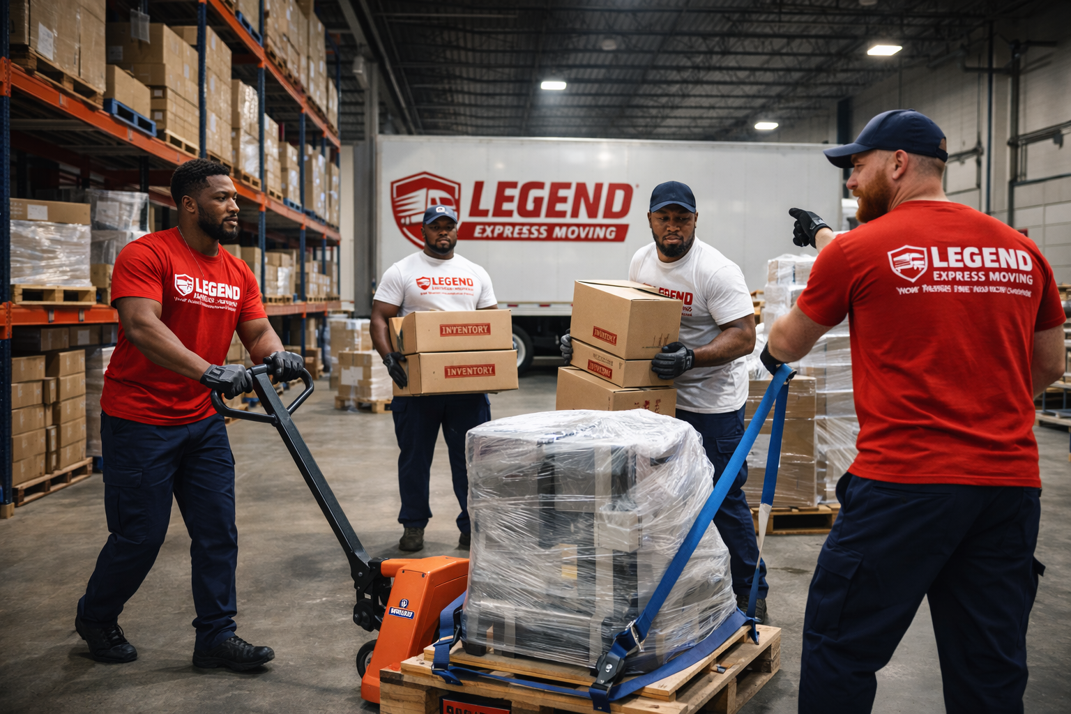 Professional movers handling office furniture and equipment