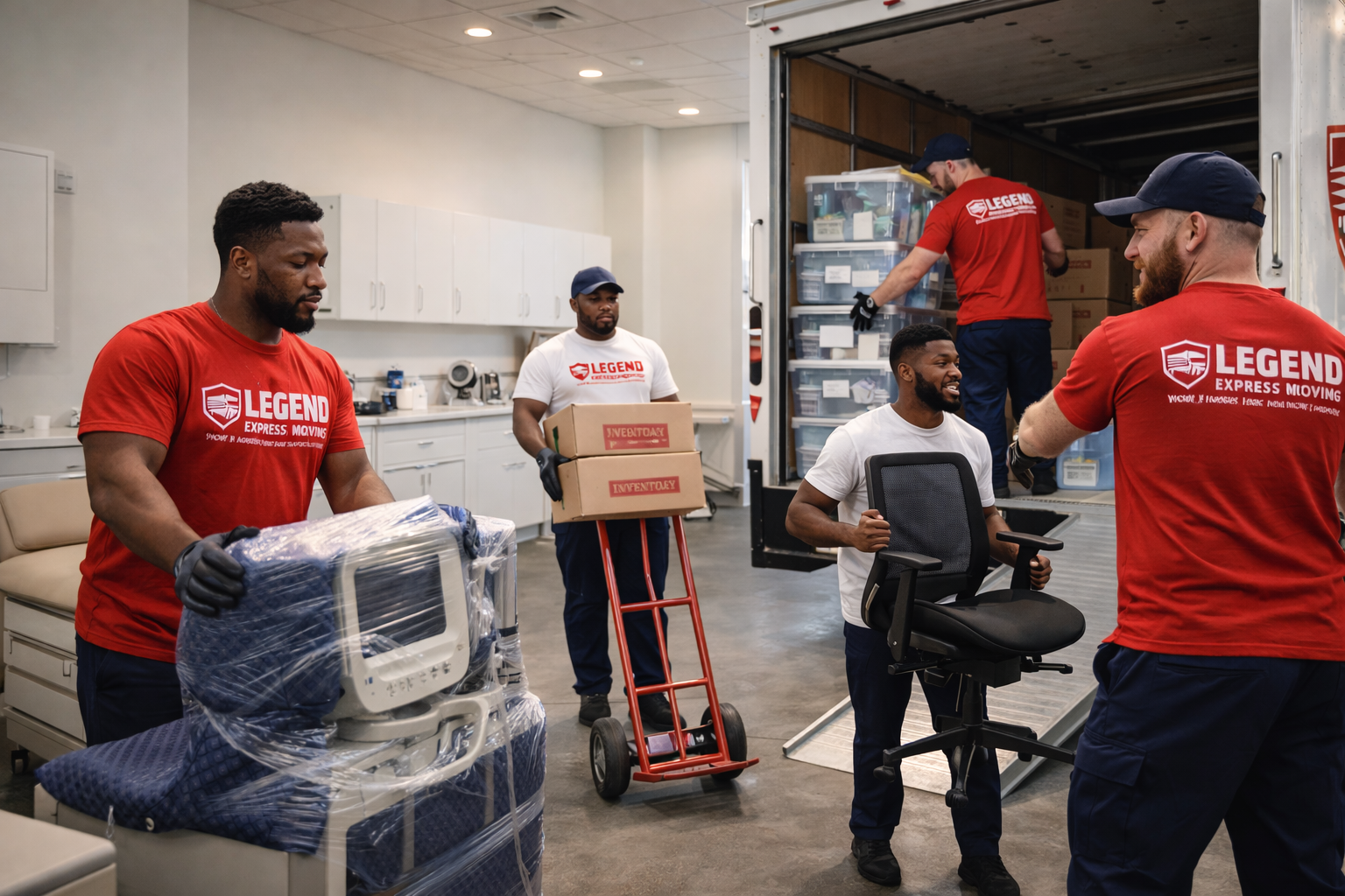 Moving boxes and office equipment being transported