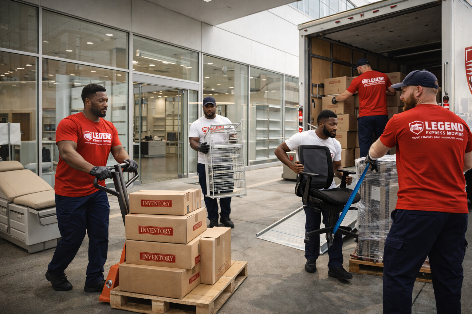 Professional movers handling office furniture and computers