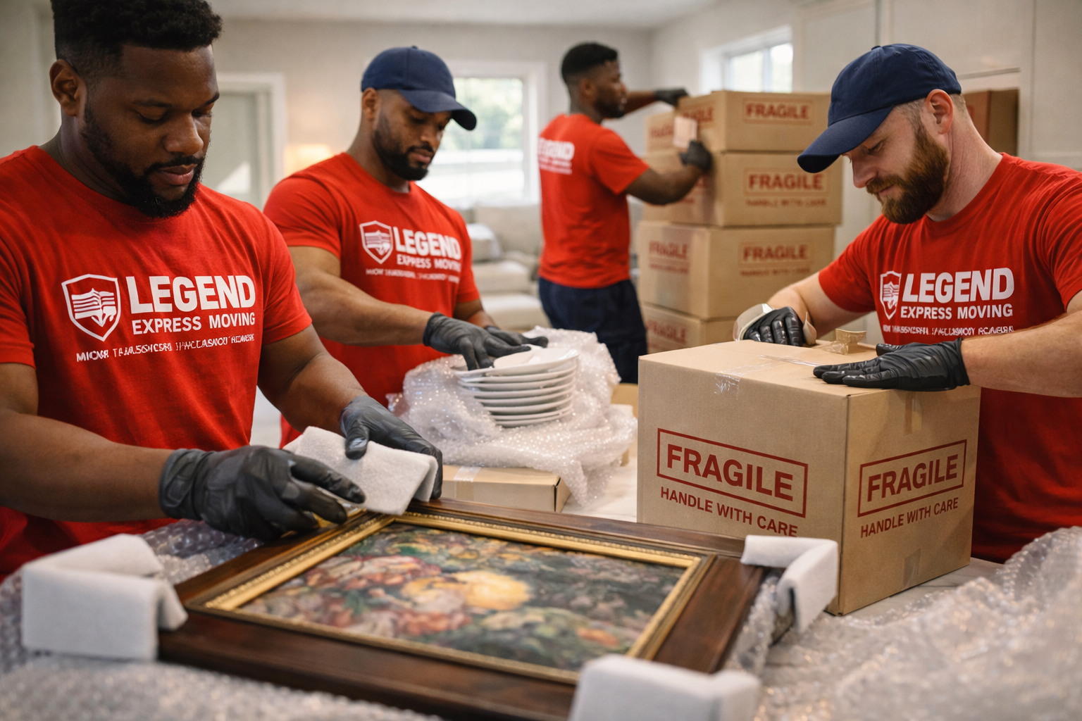 Movers carefully loading boxes and furniture with proper equipment