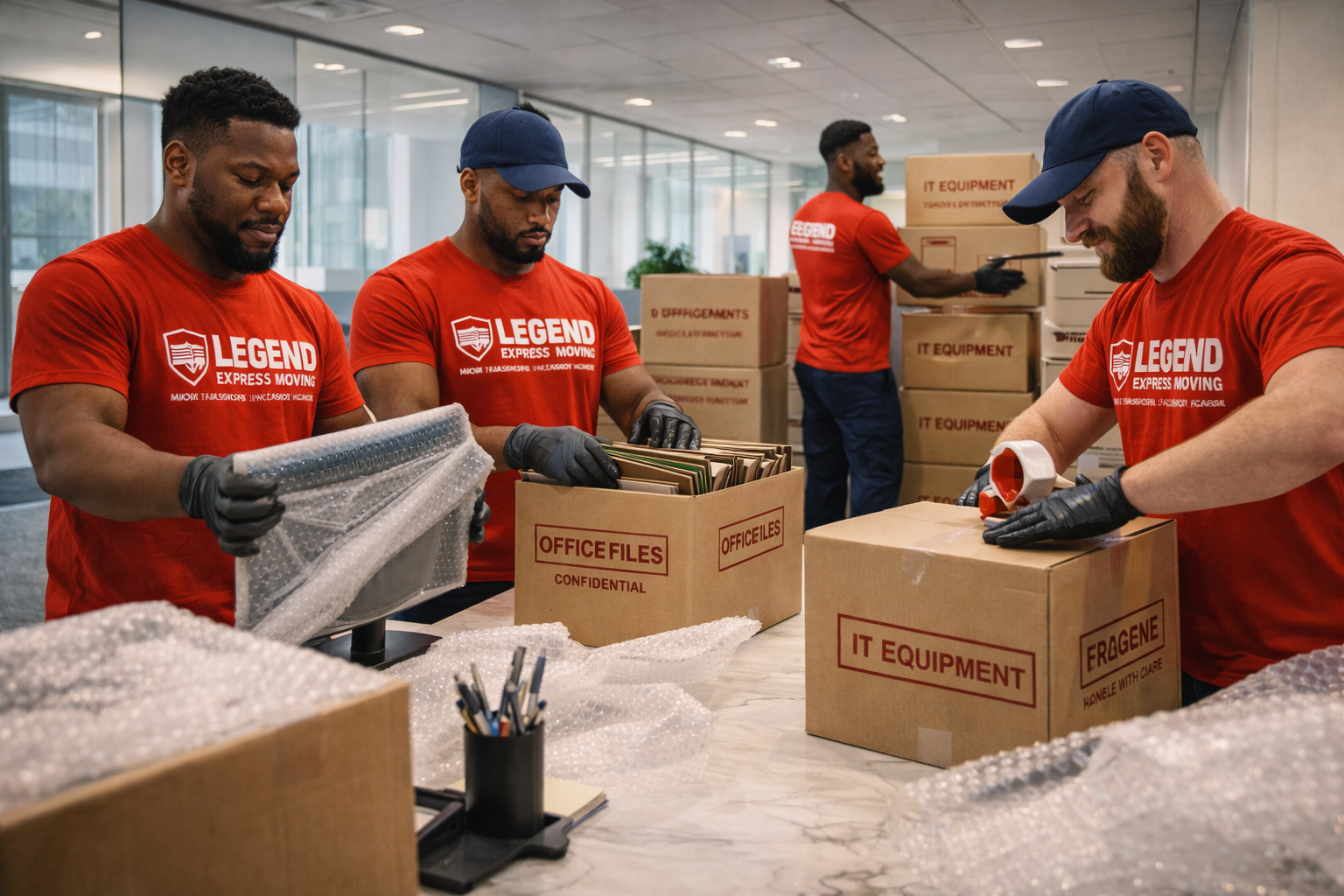 Professional team unloading moving truck efficiently
