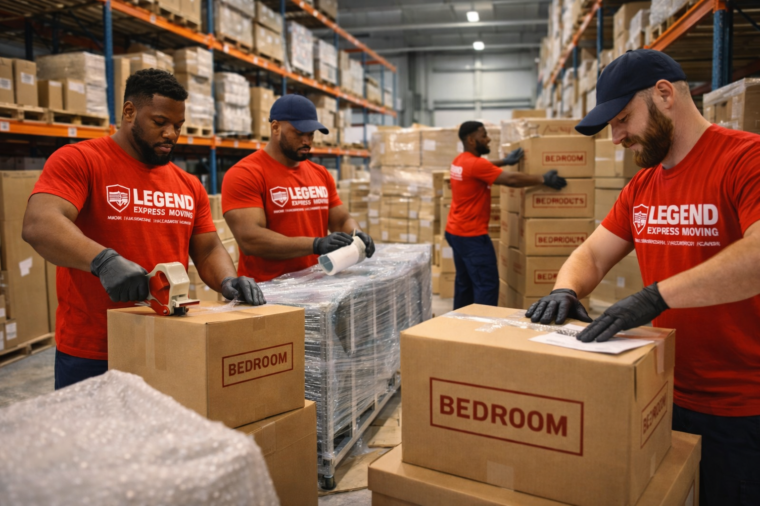 Professional movers loading furniture into truck with proper equipment