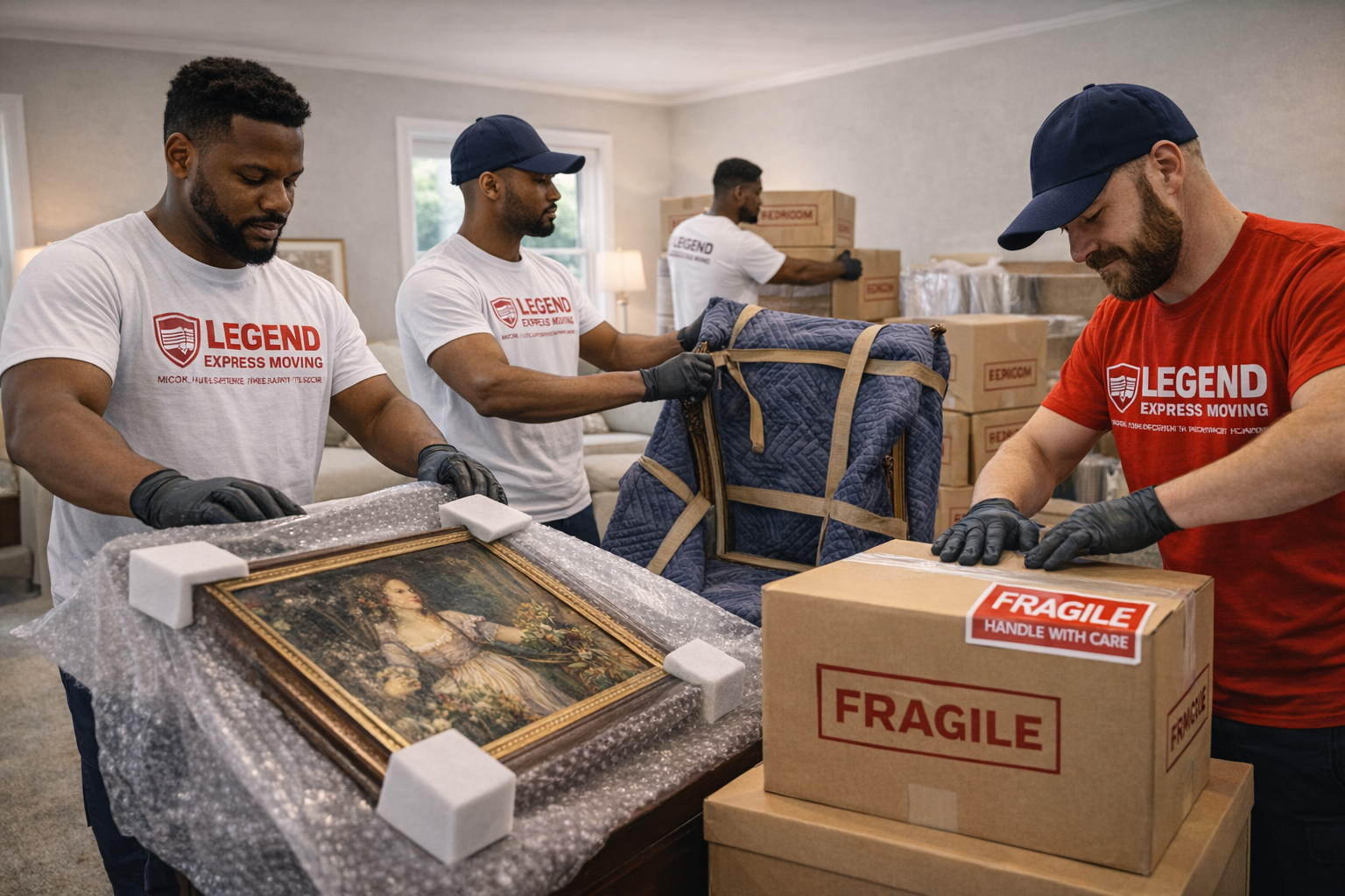 Team carefully unloading boxes and furniture from moving truck