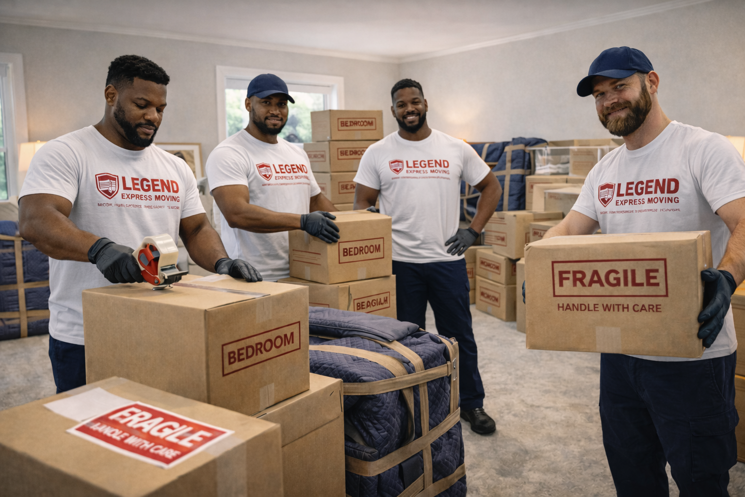 Movers using dollies and equipment to move heavy items safely