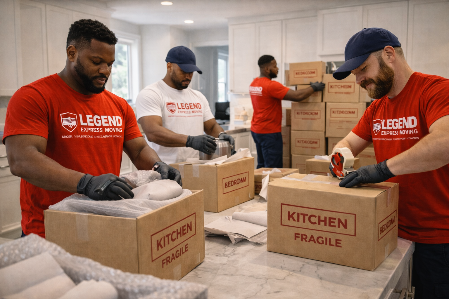 Professional movers packing boxes with quality materials