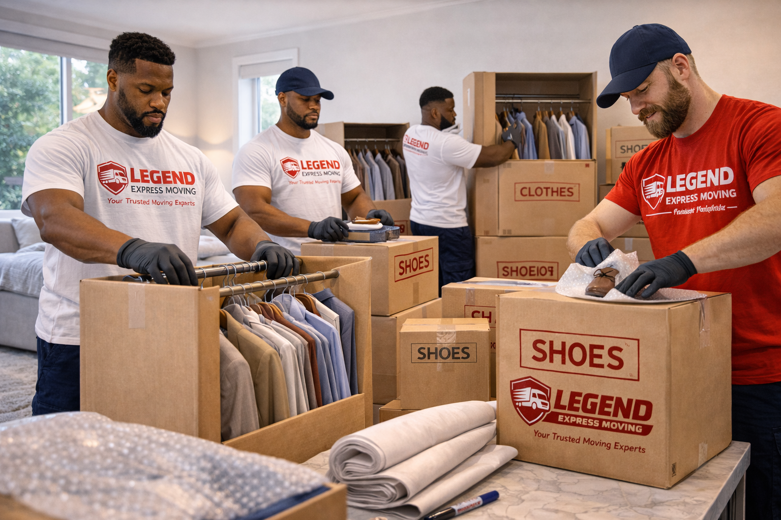 Neatly stacked and labeled moving boxes ready for transport