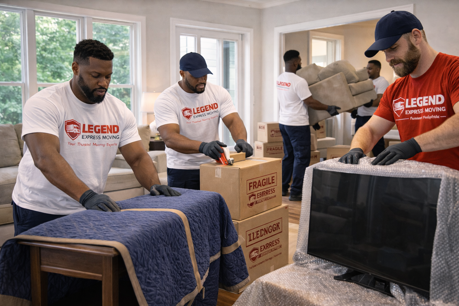 Professional movers loading furniture safely